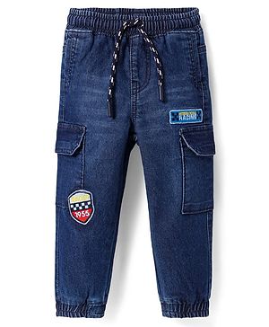 Babyhug Denim Washed Full Length Jeans With Stretch  Cargo Pockets & Embroidered Patches - Navy Blue
