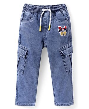 Babyhug Full Length Denim Jeans With W Embroidery & Cargo Pockets - Blue