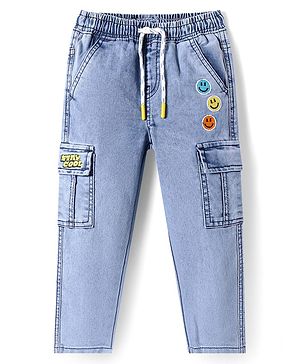 Babyhug Full Length Washed Denim Jeans with Smiley  Embroidery - Light Blue