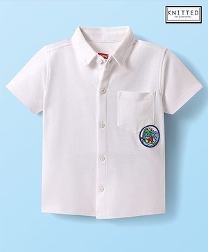 Babyhug Cotton Pique Textured Knit Half Sleeves Shirt With Dino Embroidery - White