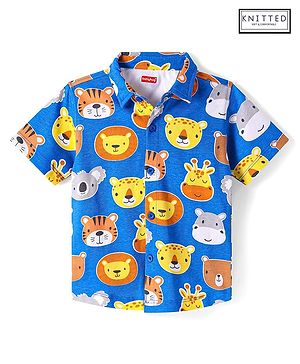 Babyhug Cotton Knit Half Sleeves Shirt with Animals Print- Blue