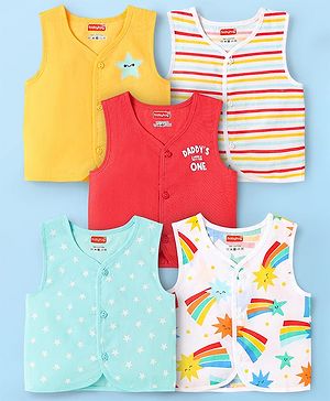 Babyhug Cambric Woven Front Open Sleeveless Vests With Striped & Star Print Pack Of 5 - Multicolour