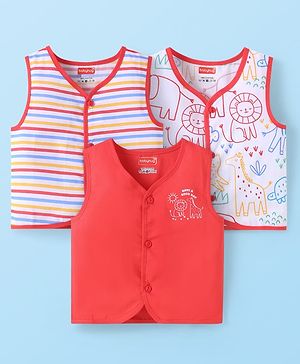 Babyhug 100% Cambric Woven Sleeveless Front Open Jhabla with Animal & Stripe Print  Pack of 3 - Red & White