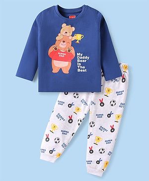 Babyhug Cotton Knit Full Sleeves Night Suit With Bear & Text Print - Blue & White