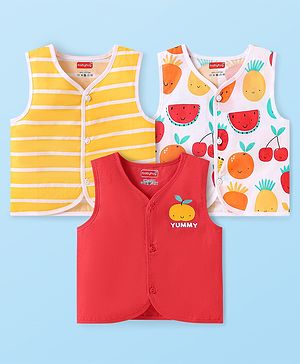 Babyhug 100% Cambric Woven Sleeveless  Front Open Jhabla with Fruit & Stripe Print  Pack of 3 - Red & Yellow
