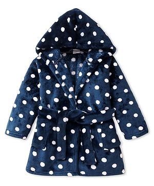 Babyhug Velour Knit Full Sleeves Hooded Bath Robe With Elastic At Waist & Polka Dot Print - Navy Blue