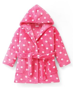 Babyhug Velour Knit Full Sleeves Hooded Bath Robe With Elastic At Waist & Polka Dot Print - Pink