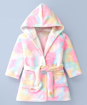 Babyhug Velour Knit Full Sleeves Hooded Bath Robe With Tie & Dye Print & Elastic on Waist - Multicolor