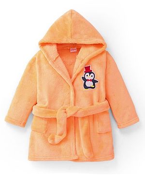 Babyhug Velour Knit Full Sleeves Hooded Bath Robe With Elastic At Waist & Penguin Patch - Light Orange