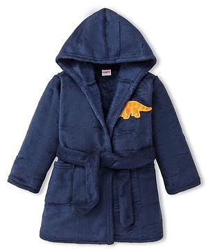 Babyhug Velour Knit Full Sleeves Hooded Bath Robe With Elastic At Waist & Dino Patch - Navy Blue
