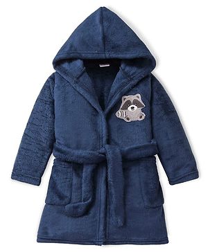 Babyhug Velour Knit Full Sleeves Hooded Bath Robe With Elastic At Waist & Raccoon Patch - Navy Blue