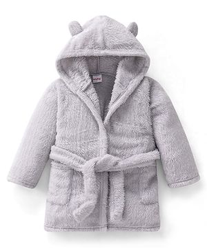 Babyhug Velour Knit Full Sleeves Solid Hooded Bath Robe with Ear Applique - Grey