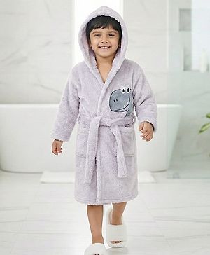 Babyhug Terry Knit Full Sleeves Hooded Bath Robe With Dino Patch - Grey