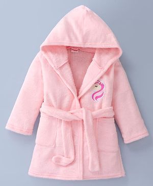 Babyhug Velour Knit Full Sleeves Hooded Bath Robe With Elastic on Waist & Unicorn Embroidery - Pink