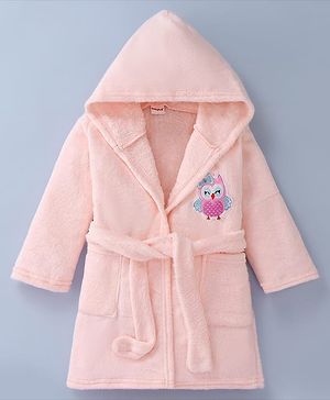 Babyhug Velour Knit Full Sleeves Hooded Bath Robe With Elastic At Waist & Owl Embroidery - Light Pink