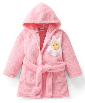 Babyhug Velour Knit Full Sleeves Hooded Bath Robe With Floral Patch - Pink