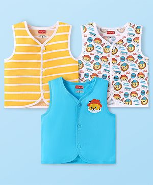 Babyhug 100% Cambric Woven Sleeveless Front Open Jhabla with Lion & Stripe Print  Pack of 3 - Yellow White & Blue