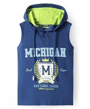 Pine Kids Cotton Knit Sleeveless Hooded T-Shirt with Text Print - Navy Blue