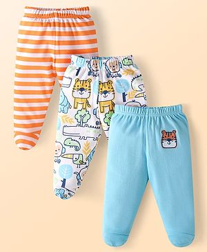 Babyhug Cotton Knit Full Length Bottie Leggings with Strips & Animal Print Pack of 3 - Orange White & Light Blue