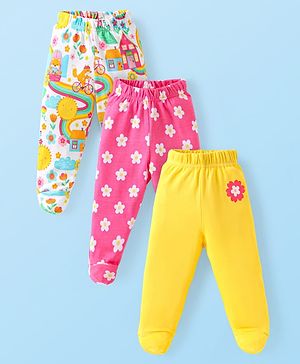 Babyhug Cotton Knit Full Length Bootie Leggings with Floral Print Pack of 3 - Yellow White & Pink