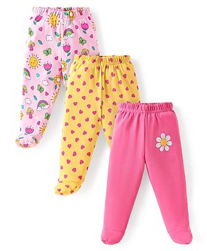 Babyhug Cotton Knit Full Length Bootie Leggings with Floral & Hearts Print Pack of 3 - Pink Yellow & Light Pink