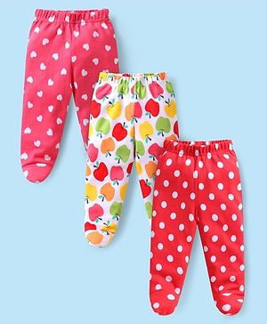 Babyhug Cotton Knit Full Length Bootie Leggings with Apple Polka Dots & Hearts Print Pack of 3 -  White & Red