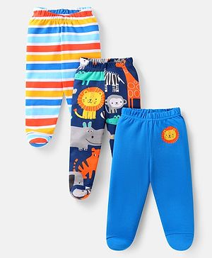 Babyhug Interlock Knit Bootie Leggings With Stripes & Animal Print Pack Of 3 -Blue & Navy Blue