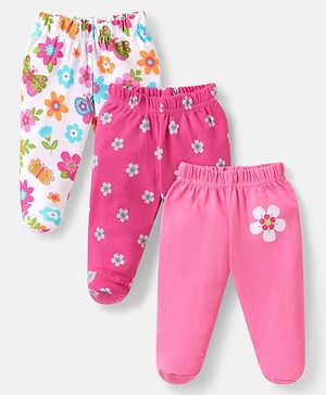 Babyhug Interlock Knit Footed Leggings with Floral Print Pack of 3 - White & Pink