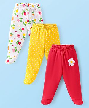 Babyhug Interlock Cotton Knit Footed Bootie Leggings Floral Print Pack of 3 - Red Yellow White