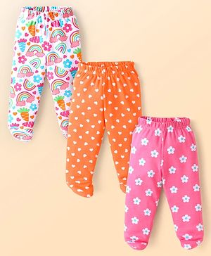 Babyhug Interlock Knit Bootie Leggings with Hearts & Floral Print Pack of 3 - White Orange & Pink