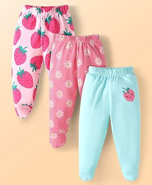 Babyhug Cotton Knit Full Length Bootie Leggings with Floral & Strawberry Print Pack of 3 - Pink & Light Blue