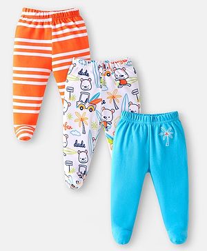 Babyhug Interlock Knit Bootie Leggings with Beach Theme Print & Stripes Pack of 3 - Orange White & Blue