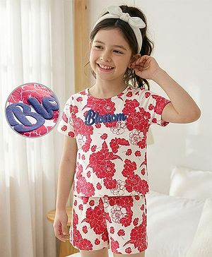 Pine Kids Single Jersey Knit Half Sleeves Co-ords Shorts Night Suit with Floral & Text Puff Print - Red & White