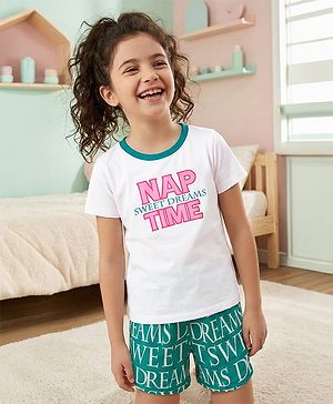 Pine Kids Single Jersey Knit Half Sleeves Shorts Night Suit With Text Print - White & Green