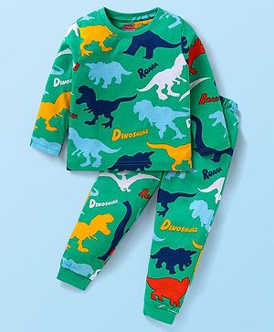 Babyhug Cotton Knit Full Sleeves Night Suit with Dino Print - Green