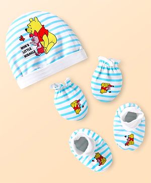 Babyhug Disney Interlock Knit Cap Mittens & Booties Set with Stripes & Winnie the Pooh Graphics White - Diameter 10 cm