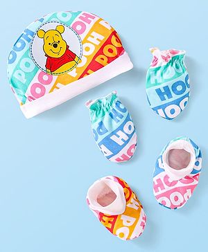 Babyhug Disney Interlock Knit Caps Mitten & Booties Set with Winnie the Pooh Graphics White - Diameter 10 cm
