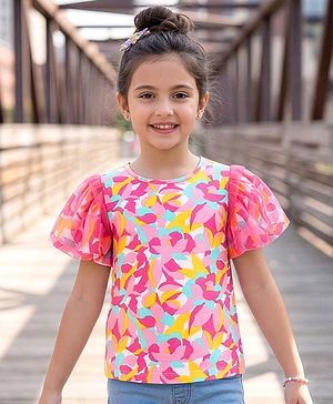 Pine Kids Cotton Knit Half Puffed Sleeves Printed Top - Pink