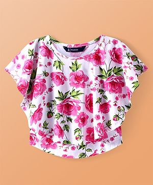 Pine Kids Cotton Knit Half Sleeves Top with Floral Print - Pink & White