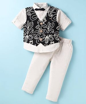 JASH KIDS Cotton Knit Full Sleeves Floral Design 3 Piece Party Suit with Bow - Black