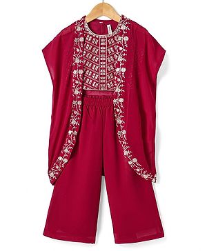 Babyhug Woven Sleeveless Top & Palazzo Set with Floral Embroidery Shrug - Maroon