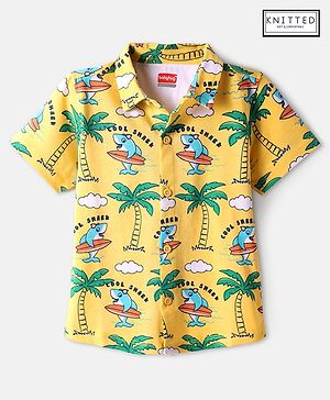 Babyhug Cotton Knit Half Sleeves Shirt with Beach Theme Print - Yellow