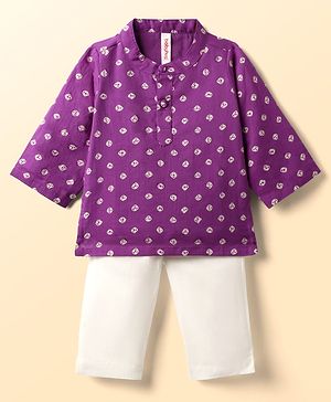 Babyhug Cambric Woven Full Sleeves Kurta Pyjama Set With Bandhani Print - Purple & White