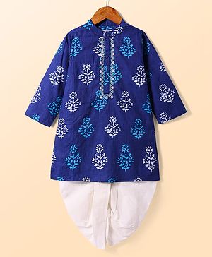Babyhug Cotton Woven Full Sleeves Dhoti Kurta Set with Floral Print & Embroidery Detailing - Navy Blue