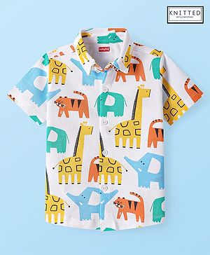 Babyhug Cotton Knit Half Sleeves Shirt with Animals  Print - White