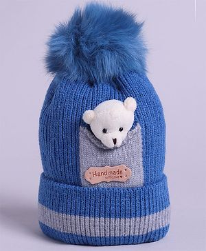 M'andy Woollen Bear Designed Handmade With Love Patch Detailed Cap - Blue-  Diameter 35 Cms