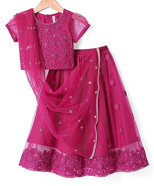 Babyhug Woven Half Sleeves Choli Lahenga Set With Dupatta & Floral Embroidered - Dark Pink