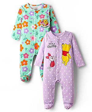 Babyhug Disney Interlock Knit Full Sleeves Footed Sleep Suits with Winnie the Pooh Graphics Pack of 2 - Mint & Lavender