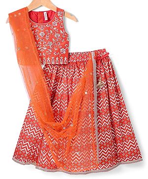 Babyhug Woven Sleeveless Floral  Embroidered Choli Lehenga & Dupatta Set with Tassle Detailing & Foil Print - Orange