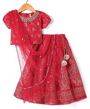 Babyhug Woven Short Sleeves Floral Embroidered & Foil Printed Choli Lehenga with Dupatta- Red